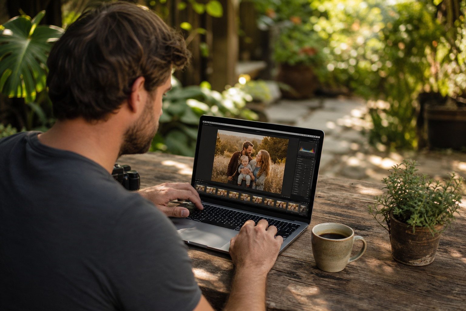 Photographer editing warm-toned family photos on a laptop outdoors
